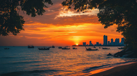 A vibrant sunset over the Pattaya City skyline, with boats on the horizon and a golden sky.の素材