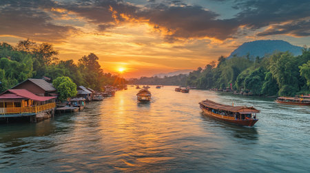 A vibrant sunset over the River Kwai, with longtail boats and floating homes in view.の素材