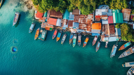 Aerial view of Chonburi fishing village, with colorful boats docked along the coastline.の素材