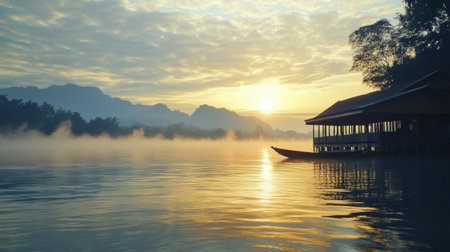 The beautiful sunrise over the River Kwai, with mist rising over the calm waters.の素材