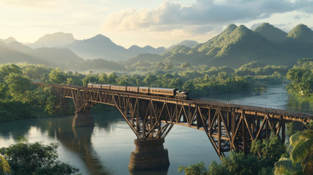 A wide-angle view of the River Kwai Bridge, with a train crossing and the scenic mountains in the distance.の素材