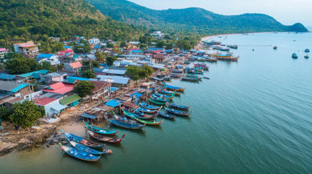 Aerial view of Chonburi fishing village, with colorful boats docked along the coastline.の素材