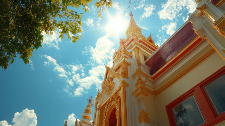 The beautiful and modern architecture of Wat Phrathat Phanom Wanaram, set against a bright blue sky.の素材
