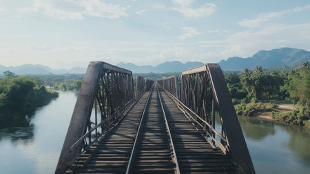 A wide-angle view of the River Kwai Bridge, with a train crossing and the scenic mountains in the distance.の素材