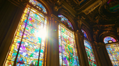 The beautiful stained glass windows inside the Palais Garnier, with their vibrant colors.の素材