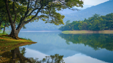 The calm reflection of trees and mountains in the waters of Srinagarind Reservoir.の素材