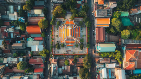 Aerial view of Khon Kaen City Pillar Shrine, a sacred site with colorful architecture surrounded by urban development.の素材