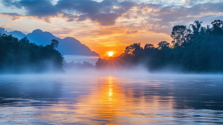The beautiful sunrise over the River Kwai, with mist rising over the calm waters.の素材
