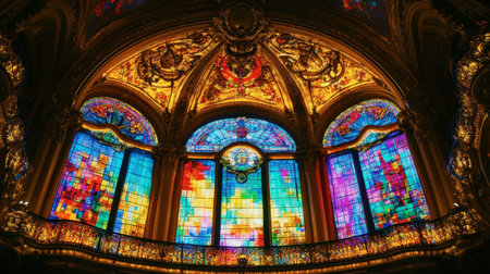 The beautiful stained glass windows inside the Palais Garnier, with their vibrant colors.の素材