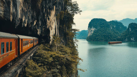 The beautiful cliffs and scenic river views from the Death Railway, with a train passing by.の素材