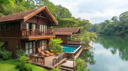 The charming wooden houses along the banks of the Kwai River, a serene escape from the city.の素材