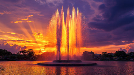 The iconic fountain at Kaen Nakhon Lake, shooting water high into the sky against a stunning sunset.の素材