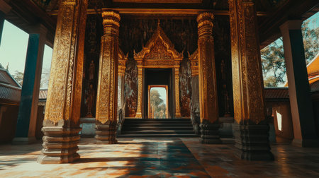 The grand entrance to Wat Pho Ban Nontan, a temple known for its beautiful carvings and peaceful setting.の素材