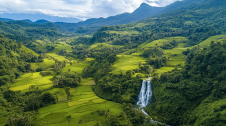 The lush, green landscapes surrounding Phu Pha Man National Park, perfect for trekking and exploring waterfalls.の素材