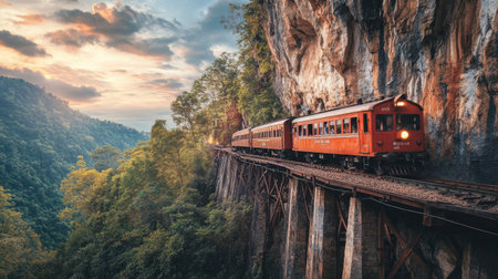The historic train running along the famous Tham Krasae Bridge, with dramatic cliffside views.の素材