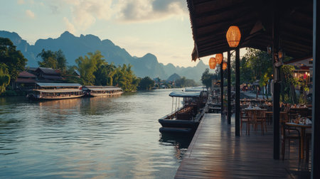 The iconic River Kwai, with its floating restaurants and scenic views of the surrounding mountains.の素材