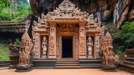 The impressive entrance to Wat Tham Phu Wa, with intricate carvings leading to a peaceful cave.の素材