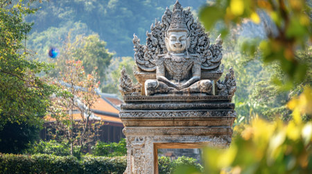 The impressive Chao Pho Khun Dan Monument, honoring a local hero with its intricate carvings and sacred statues.の素材