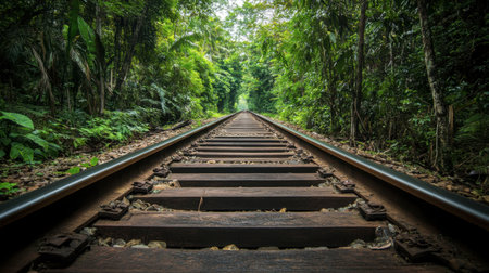 The historical Death Railway, with tracks running through dense jungle, capturing its significance and beauty.の素材