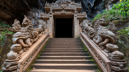The impressive entrance to Wat Tham Phu Wa, with intricate carvings leading to a peaceful cave.の素材