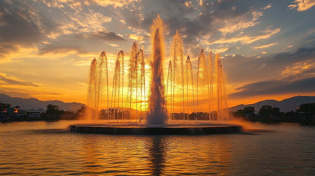 The iconic fountain at Kaen Nakhon Lake, shooting water high into the sky against a stunning sunset.の素材
