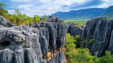 The impressive rock formations at Phu Pha Man National Park, a geological wonder and popular hiking spot.の素材