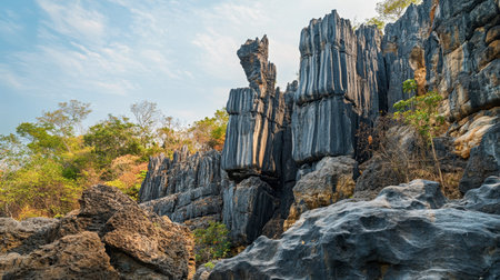 The impressive rock formations at Phu Pha Man National Park, a geological wonder and popular hiking spot.の素材