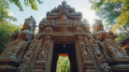 The impressive Chao Pho Khun Dan Monument, honoring a local hero with its intricate carvings and sacred statues.の素材