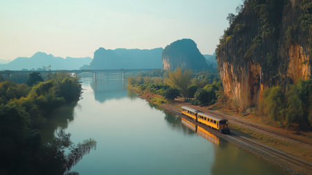 The historic train passing through Tham Krasae Bridge, with the river and cliffs in the backdrop.の素材