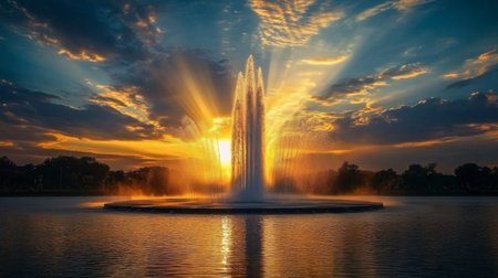 The iconic fountain at Kaen Nakhon Lake, shooting water high into the sky against a stunning sunset.の素材