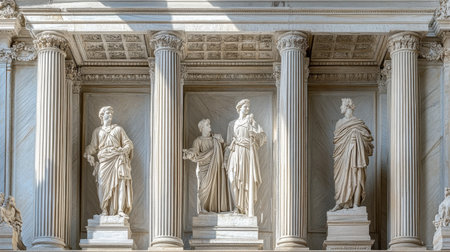 The intricate marble work inside the Pantheon, with its grand columns and historical statues.の素材