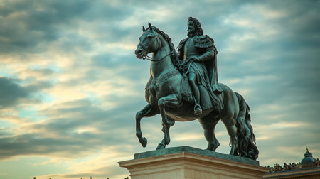 The majestic equestrian statue of King Louis XIV in front of the Palace of Versailles.の素材