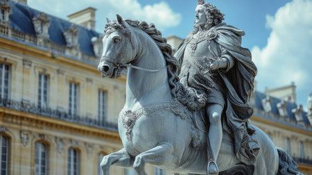The majestic equestrian statue of King Louis XIV in front of the Palace of Versailles.の素材
