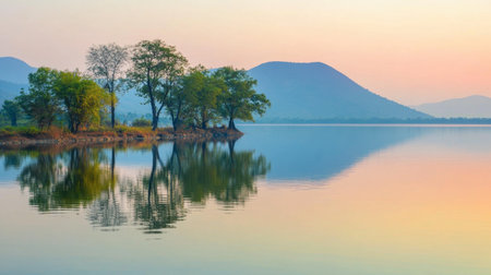 The peaceful reflections of trees and mountains in the calm waters of Srinagarind Dam at sunrise.の素材