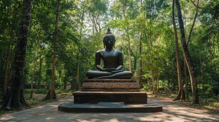 The peaceful Buddha image at Wat Pa Udom Somphon, surrounded by tall trees and lush greenery.の素材
