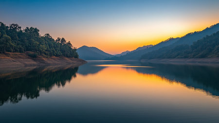 The peaceful reflections of trees and mountains in the calm waters of Srinagarind Dam at sunrise.の素材