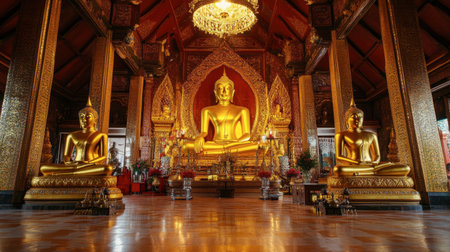 The peaceful interior of Wat Tham Sua, with golden Buddha statues and ornate decorations.の素材