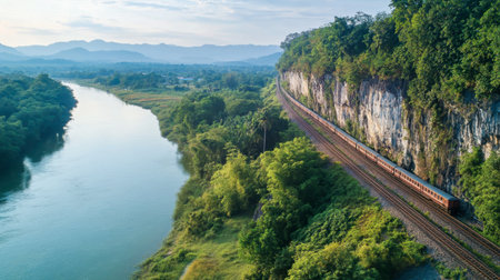 The scenic cliffs and river views at Tham Krasae, with the railway bridge cutting through the landscape.の素材