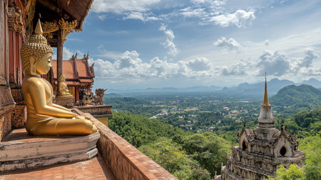 The peaceful atmosphere at Wat Tham Sua, with its panoramic views and grand temple architecture.の素材