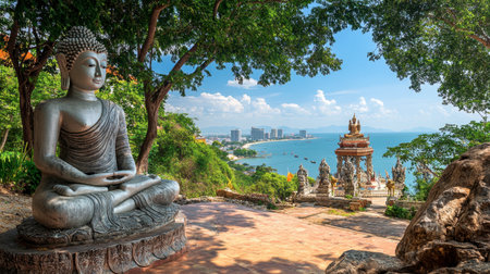 The serene beauty of Wat Khao Phra Bat, with its iconic hilltop Buddha statue and stunning views of Pattaya Bay.の素材