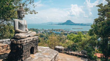 The serene beauty of Wat Khao Phra Bat, with its iconic hilltop Buddha statue and stunning views of Pattaya Bay.の素材