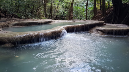 The serene pools at Erawan Waterfall, perfect for a refreshing swim in nature.の素材