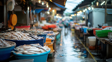 The serene beauty of Lanpho Nakluea Market, a local fish market offering the freshest seafood in Chonburi.の素材