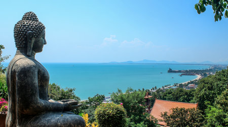 The serene beauty of Wat Khao Phra Bat, with its iconic hilltop Buddha statue and stunning views of Pattaya Bay.の素材