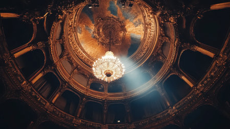 The stunning ceiling of the Opra Bastille, with its grand chandelier and intricate details.の素材