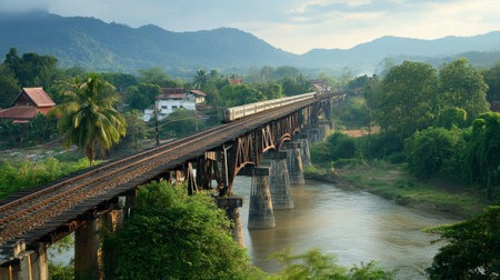The striking railway bridge at Tham Krasae, with a train crossing and the river below.の素材