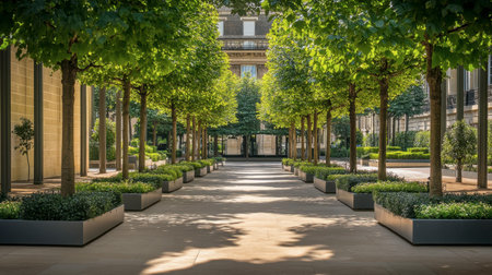 The stunning gardens of the Palais-Royal, with perfectly manicured trees and flowerbeds.の素材