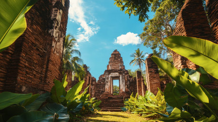 The striking ruins of Prasat Muang Singh, framed by vibrant greenery and clear blue skies.の素材