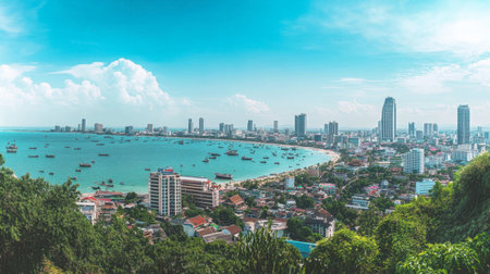 The stunning views from Pattaya Viewpoint, capturing the entire bay and city skyline under the bright blue sky.の素材