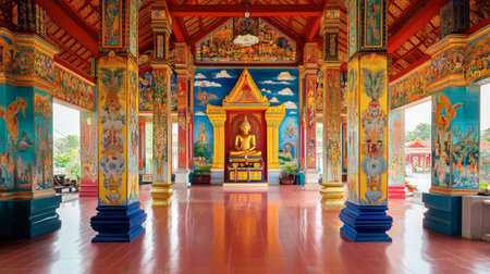 The vibrant colors of Wat Chai Si murals, depicting local folklore and Buddhist teachings inside a traditional Isan temple.の素材